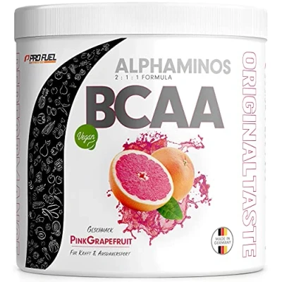 Abbildung von BCAA Pulver 300g PINK GRAPEFRUIT Alphaminos 2:1:1 Drink mit 8000 mg unfassbar leckerer Geschmack, Essentielle Aminosäuren (EAA) Leucin, Isoleucin &amp; Valin 100% vegan und laborgeprüft