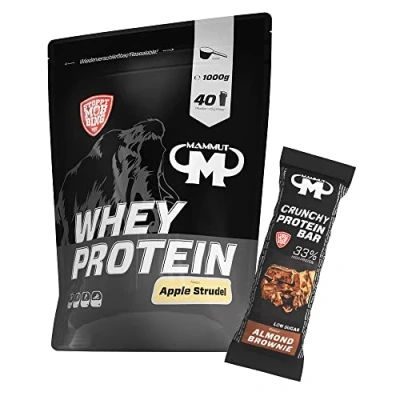 Abbildung von 1kg Mammut Whey Protein Eiweißshake Set inkl. Shaker, Riegel, Powderbank oder Tasse (Apple Strudel, Bar Almond Brownie)