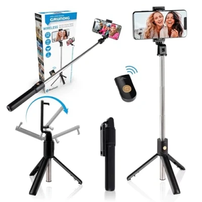 Abbildung von Grundig Selfie Stick und Handystativ Stativ für Smartphone mit Bluetooth Fernbedienung Smartphones von 58 bis 100 MM Ausfahrbar 19 70 cm Kunststoff Schwarz