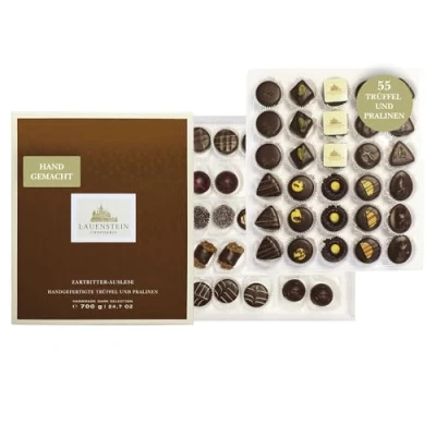 Abbildung von Lauensteiner Zartbitter Auslese 700g in Geschenk Box 55 Pralinen mit Alkohol 19 edelbittere Variationen