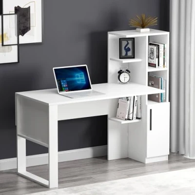 Abbildung von Homidea Tody Schreibtisch Computer &amp; Arbeitsplatz Stauraum mit Tür und Regalen im modernen Design für Home Office oder Kinderzimmer (Weiß/Weiß)