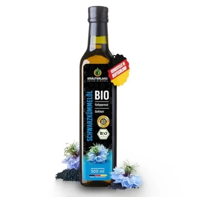 Abbildung von Kräuterland Bio Schwarzkümmelöl 500ml, gefiltert, kaltgepresst, vegan, reich an Thymoquinone, nativ, Täglich frisch gepresst aus unserer hessischen Ölmühle