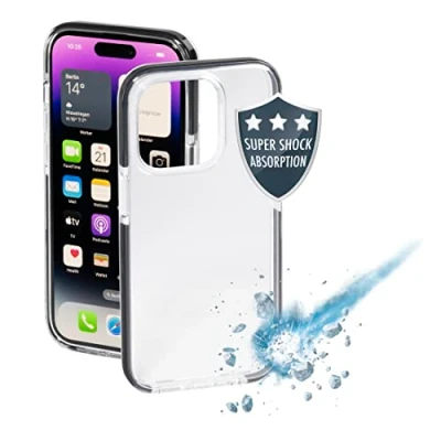 Abbildung von Hama Handyhülle für Apple iPhone 14 Pro „Protector“ (durchsichtige Hülle aus TPU, stoßfester Bumper Fallschutz, wasserabweisende Schutzhülle, flexibler Handyschutz) schwarzer Rand