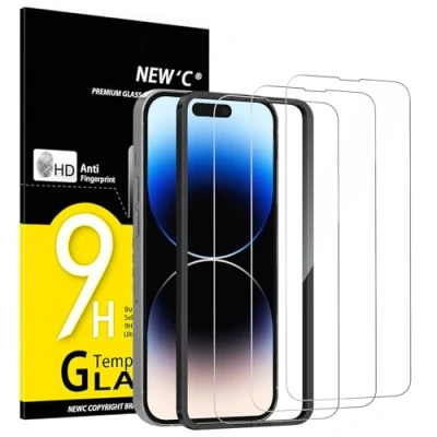 Abbildung von NEW&#039;C 3 Stück, Panzer Schutz Glas für iPhone 14 Pro (6,1 Zoll), Frei von Kratzern, 9H Härte, HD Displayschutzfolie, Ultra klar, Ultrabeständig Einfaches Installationswerkzeug enthalten