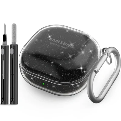 Abbildung von Transparent Hülle Kompatibel mit Samsung Galaxy Buds Pro 2 Case/Galaxy FE/Galaxy 2/Galaxy Pro/Galaxy Live Karabiner &amp; Reiniger Kit (Funkeln Schwarz)