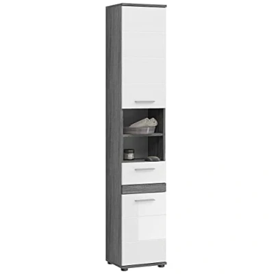 Abbildung von Newroom Schrank Weiß Hochglanz Rauchsilber Badschrank Modern 35x191x31 cm (BxHxT) Hochschrank Badezimmermöbel [Pelia.Three] Bad Badezimmer