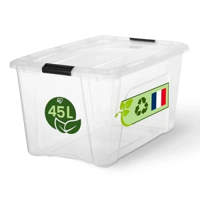 Abbildung von Iris Ohyama Aufbewahrungsboxen mit Deckel, 45L, Transparent, Sicherer Verschluss, Stapelbar, Griffe, Schlafzimmer, Schrank, Büro, Organisation, BPA freies Plastik, Ordnungsboxen, BSB 45
