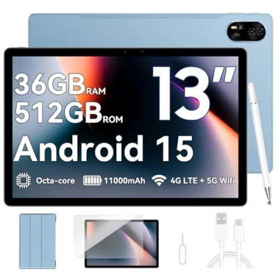 Abbildung von Blackview MEGA8 Android 15 Tablet 13&quot; Zoll, 36GB RAM+512GB ROM Gaming LTE, 2K FHD Großes Display, Octa Core T620, 50MP+13MP Dual Camera, 11000mAh Akuu, 4G LTE+5G WLAN, WideVine L1, Face ID, GPS