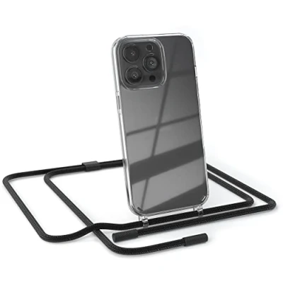Abbildung von EAZY CASE kombinierbare Handyketten kompatibel mit iPhone 13 Pro, Transparente Silikon Hülle rundem Umhängeband, abnehmbar durch abschraubbare Endstücke, Band, Umhängetasche, Schwarz
