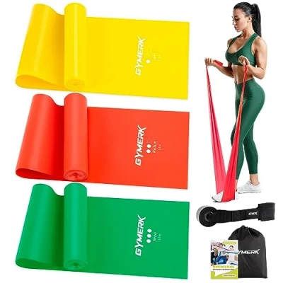 Abbildung von GYMERK Fitnessbänder 3er Set, 1.8m Gymnastikband mit 3 Widerstandsstufen, Fitnessband Türanker Tragetasche und Übungsanleitung, ideal für Yoga, Pilates, Krafttraining Physiotherapie
