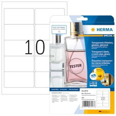 Abbildung von HERMA 8018 Wetterfeste Folienetiketten transparent, 25 Blatt, 96 x 50,8 mm, 10 pro A4 Bogen, 250 Stück, selbstklebend, bedruckbar, glänzend, blanko Klebeetiketten Aufkleber aus Folie, durchsichtig