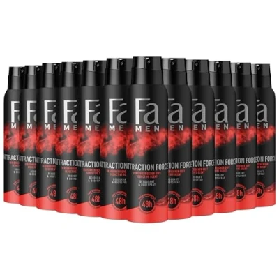 Abbildung von Fa Men Deodorant &amp; Bodyspray Attraction Force (12x 150 ml), Deospray mit verführerischem Duft, Deo ohne Aluminium für bis zu 48 h Schutz, hinterlässt keine Rückstände