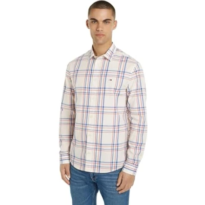 Abbildung von Tommy Jeans Poplin Check Shirt Hemd, Herren, Größe: 48, Ancient white