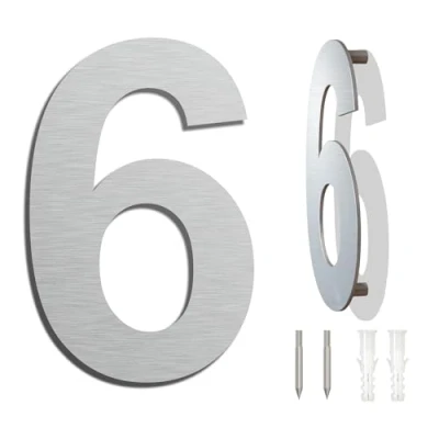 Abbildung von Edelstahl Hausnummer Wetterfest und Pflegeleicht Metallic Mattes Silber Finish Moderner Schwebender Aussehen Einfache Installation Höhe 152 mm Arial Ziffer 6