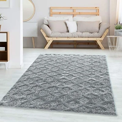 Abbildung von Carpettex Hochflor Teppich Wohnzimmer 3D Optik Hoch Tief Effekt Geometrisch Design Flur Läufer Grau 80 x 150 cm Flauschiger Schlafzimmer Skandinavische Stil Extra Weich Küchenläufer