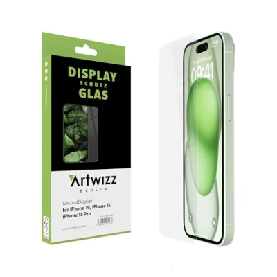 Abbildung von Artwizz SecondDisplay Schutzglas kompatibel für iPhone 16/15 / 15 Pro HD Displayschutz aus Sicherheitsglas, 9H Härte