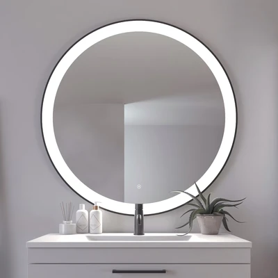 Abbildung von Loevschall Libra Modernes Badspiegel mit Beleuchtung, Spiegel Rund 100 cm, Smart Mirror Touch Schalter, Schwarzer Rahmen, Badezimmer 5 cm LED Lichtfield, Helligkeit Dimmbar, CRI &gt; 90