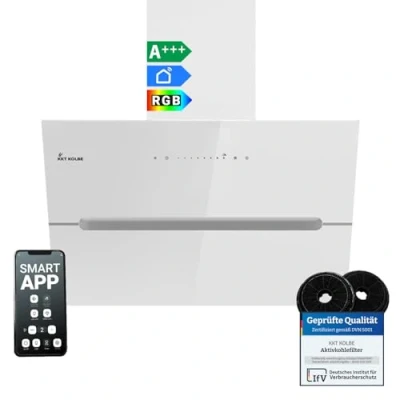Abbildung von KKT KOLBE Dunstabzugshaube 60 cm 782 cbm/h Umluft Abluft Kopffrei Wandhaube Weiß Glas Smart WiFi App WLAN RGBW LED Beleuchtung ECCO6005WM