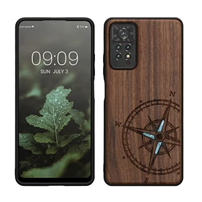 Abbildung von kwmobile Hülle kompatibel mit Xiaomi Redmi Note 11 Pro/Note Pro (5G) / 12 (4G) Holz Case Handy Cover TPU Handyhülle in Dunkelbraun Vintage Kompass Perlmutt