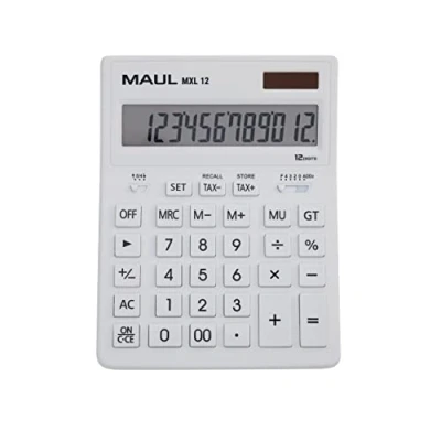 Abbildung von MAUL Kaufmännischer Taschenrechner MXL12 12 Stellen inkl. Steuerberechnung angewinkeltes Display großer Profi Tischrechner Solarbetrieben inklusive Batterie 20,5 x 15,5 cm Weiß