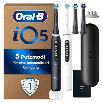 Abbildung von Oral B iO Series 5 PLUS Edition Elektrische Zahnbürste/Electric Toothbrush, Doppelpack 2 Aufsteckbürsten + Magnet Etui, Putzmodi, matt black/quite white