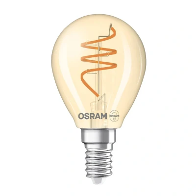 Abbildung von OSRAM Vintage 1906 Classic ist eine warmweiße, dimmbare LED Lampe in Miniballform mit spiralförmigem Filament. Sie bietet 4.9 W für 470 lm, E14 Fassung, goldfarbenes Glas, 45 mm Durchmesser, 2200 K.