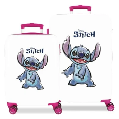 Abbildung von Disney Adorable Stitch Kofferset, weiß, 55/65 cm, starres ABS, seitliches Zahlenschloss, 56 l, 6 kg, 4 Doppelrollen, Handgepäck