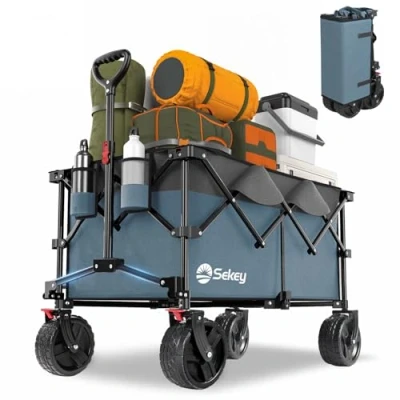 Abbildung von Sekey XXL Plus Bollerwagen Faltbar mit Bremsen 200L 200KG Belastbar, 17x10 cm Extra Breite Reifen All Terrain Bollerwagen, Patentiert Zusammenfaltbar aus Vier Richtungen, PlusB 4011, Blau Grau