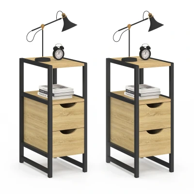 Abbildung von 2er Set Nachttische aus Holz und schwarzem Metall 2 Schubladen 1 Nische im Industriestil IDMarket