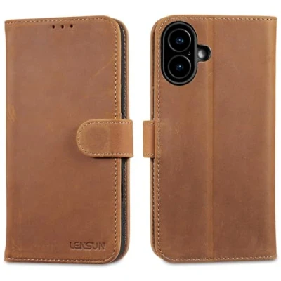 Abbildung von LENSUN Echtleder Hülle für iPhone 16 Plus, Handyhülle [Echtes Leder][Magnetverschluss][RFID Schutz] Handytasche Flip Lederhülle Plus 5G(6,7&quot;) Vintage Braun