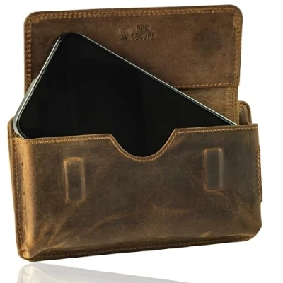Abbildung von MATADOR Echt Leder Universal Handy Tasche Holster Gürteltasche Magnetverschluss Quer für Handys bis 6,9 Zoll inkl. Geschenk Box (Hunter Braun)