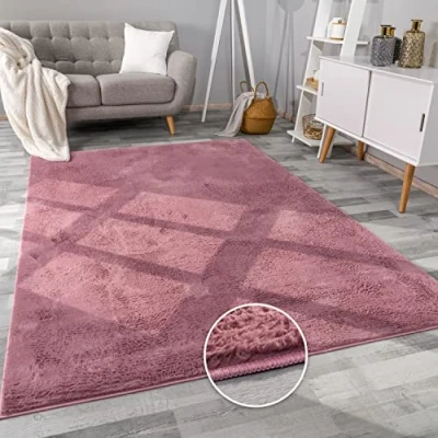 Abbildung von Paco Home Teppich Wohnzimmer Kunstfell weich waschbar modern elegant pflegeleicht Felloptik Uni Seidenglanz flauschig Kurzflor, Grösse:80x300 cm, Farbe:Lila Rosa