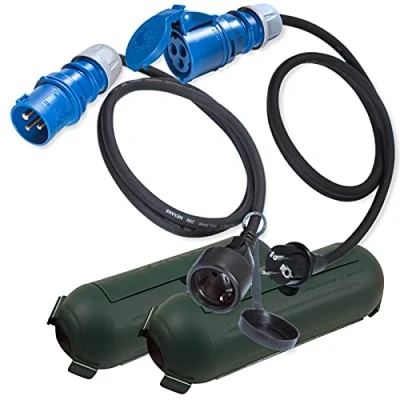 Abbildung von IntuiFlex CEE Adapter Schuko Kabel Stecker Kupplung Schutzbox Set 1,5m Camping Zubehör Boot Wohnmobil Wohnwagen Garten Gummikabel H07RN F 3x2,5mm² 230V 16A Stromadapter/Camping Strom