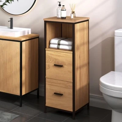 Abbildung von EUGAD Badezimmerschrank mit 2 abnehmbaren Schubladen, Badschrank schmal, multifunktionaler Aufbewahrungsschrank Eckschrank, Industrie Stil, Metallrahmen, Schwarz helle Eiche, 30x80x30 cm