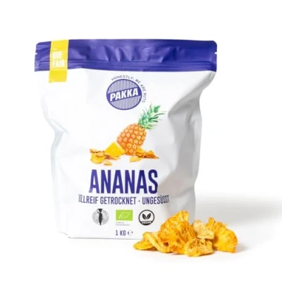 Abbildung von PAKKA Bio Fair Trade Ananas 1kg, Öko &amp; getrocknete Ananas, ungezuckert, ungeschwefelt, direkt hergestellt und abgefüllt vom Produzenten in Kolumbien, vegan 1000g