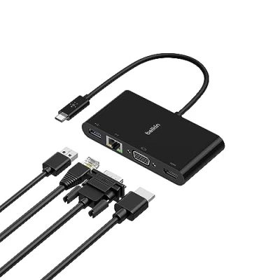Abbildung von Belkin USB C Multimedia Adapter Video zu HDMI, RJ 45 (Ethernet), 3.0 Typ A, VGA, 15 cm