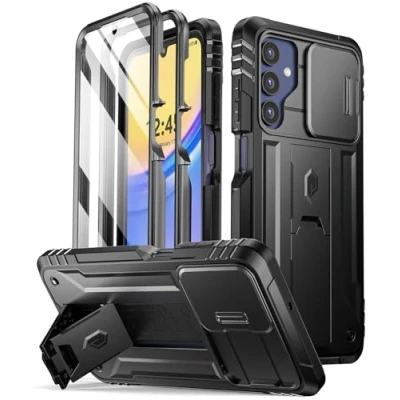 Abbildung von Poetic Revolution Schutzhülle kompatibel mit Galaxy A15 5G, [Schiebe Kamera Abdeckung], Ganzkörper in Militärqualität, robust, stoßfest, Ständer und integriertem Displayschutz, Schwarz