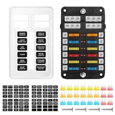 Abbildung von 12 Fach Flachsicherung, 12V Sicherungshalter KFZ Sicherungskasten, 24 Sicherungen Wasserdichte Sicherungsblock mit LED Anzeige Positiver Negativer für DC / 24V Auto Boot LKW Van SUV