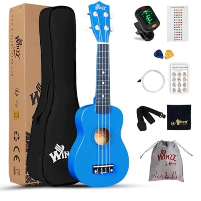 Abbildung von Winzz Sopran Ukulele Starter Kit für Anfänger mit Tasche, Clip On Tuner, Zusätzlichen Saiten, Gurt, Plektron, Griffbrettaufkleber, Akkord Karte, Poliertuch Dunkelblau