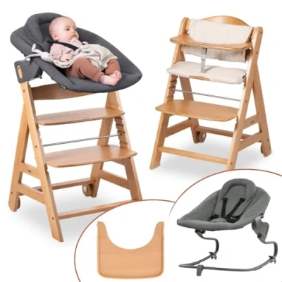 Abbildung von hauck Hochstuhl Beta+ Newborn Set Premium Babyhochstuhl ab Geburt mit Neugeborenen Aufsatz Bouncer, Sitzpolster und Essbrett Natural Dark Grey