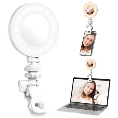 Abbildung von Handy Selfie Licht mit Clip, 3 Lichtmodi &amp; 10 Helligkeitsstufen Fotolicht Phone Selfi Light LED Videoleuchte Kamera 360Drehbar Videolicht Ringlicht für Handy, Tablet, iPad, Laptop (Weiß)