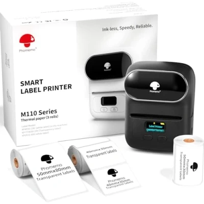 Abbildung von Phomemo M110 Etikettendrucker Selbstklebend mit 3 Etikettenrollen,Bluetooth Etikettiergerät Beschriftungsgerät Thermo Barcode Labeldrucker für Einzelhandel,kleine Unternehmen,mit Handys &amp; PC(Schwarz)