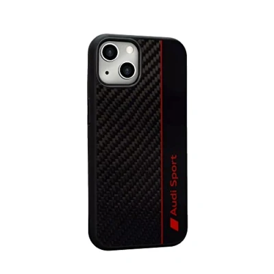 Abbildung von Audi Sport Handyhülle Kompatibel mit iPhone 13 Stoßabsorbierende Hülle Carbon präzisen Aussparungen für Kamera, Anschlüssen &amp; Tasten Schwarz roten Details
