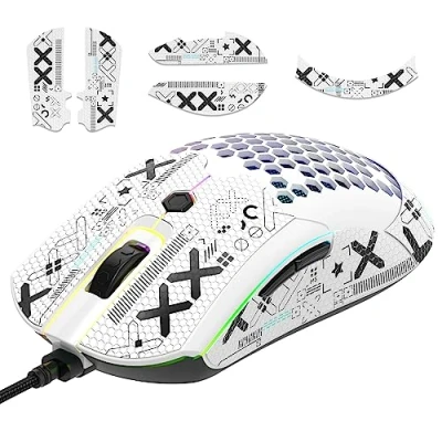 Abbildung von [Upgrade Kit] Leichte Gaming Maus mit Griffband, PIXART PAW3325 12000DPI High Performance Super Light 65G USB RGB Mäuse, Anti Schlupf Grip Klebeband für schweißwiderstand Weiss