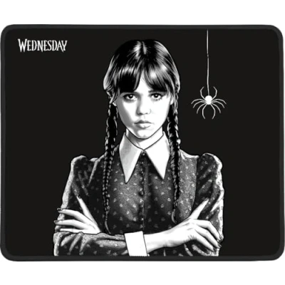 Abbildung von Konix Wednesday Gaming Mauspad 32 x 27 cm rutschfeste Mikrofaser Oberfläche Gummi Spinnenmuster Schwarz