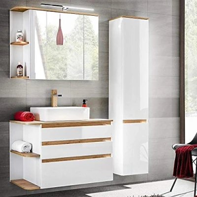 Abbildung von Lomadox Badmöbel Set CAMPOS 56, (Spar Set, 5 St), weiß mit Wotaneiche Hochschrank 144/200/50 cm