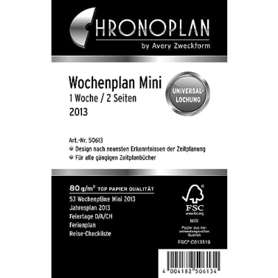 Abbildung von Chronoplan 50613 Kalendereinlage 2023, Wochenplan im Mini Format (79x125 mm), Tage in Zeilen, Ersatzkalendarium, ideal für detaillierte Wochenplanung, Universallochung (1 Woche auf 2 Seiten), weiß