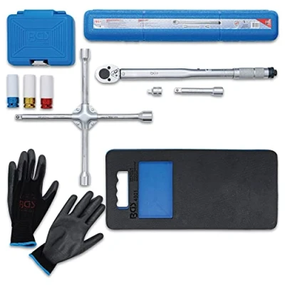 Abbildung von BGS 9679 Radwechsel Spar Set 9 tlg. Drehmomentschlüssel Felgen Schon Einsätze Knieschoner Kreuzschlüssel Handschuhe