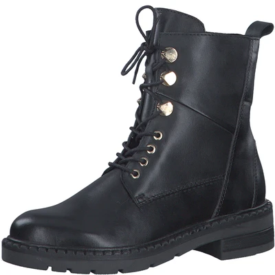 Abbildung von MARCO TOZZI Damen Stiefeletten zum Schnüren aus Leder Flach, Schwarz (Black/Gold), 39