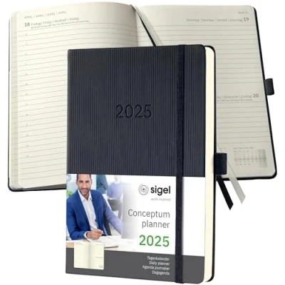 Abbildung von SIGEL C2510 Terminplaner Tageskalender 2025, ca. A5, schwarz, Hardcover, 400 Seiten, Gummiband, Stiftschlaufe, Archivtasche, aus nachhaltigem Papier, Conceptum